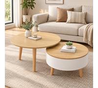 Table Basse Ronde avec Rangement, Design en Bois emboîtable | Cette table basse ronde gigogne en bois avec rangement intégré offre une pièce maîtresse élégante et peu encombrante pour le