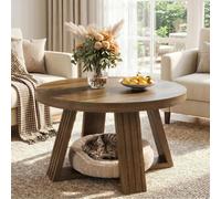 Table basse ronde de 80 cm de diamètre, style rustique marron, plateau massif, structure épaisse en bois à grain croisé, idéale pour le salon ou la chambre. À propos de cet article✔️ Un veinage de boi