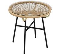 Table de jardin Outsunny Table basse ronde de jardin en résine aspect rotin métal et plateau verre trempé Ø 50 x 50H cm beige