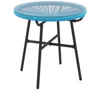 Table Basse Ronde De Jardin En Résine Aspect Rotin Métal Et Plateau Verre Trempé Ø 50 X 50h Cm Bleu
