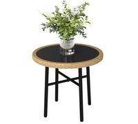 Outsunny Table Basse Ronde de Jardin en Résine Aspect Rotin, Acier et Plateau Verre Trempé Ø 46 cm, Table d'Appoint pour Salon, Balcon, Piscine, Naturel