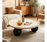 Table Basse Ronde Design Luxueux, Table Canapé Nordique Minimaliste Robuste | Table basse ronde crème haut de gamme, sans formaldéhyde, plateau courbe antidérapant, montage simple(White+Black)