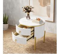 Table basse ronde design marbre avec tiroirs finition soft white et doré pieds réglables