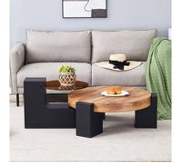Table basse ronde double niveau - ELVMI - Modulaire, verre teinté marron, MDF noir, lot de 2 pour salon