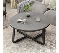 Table basse ronde en ardoise et métal - Petite base noire de 61 cm avec dessus gris - Idéale pour balcon italien et petits appartements - Design moderne élégant pour salon et l'heure du thé
