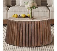 Table basse ronde en bois et plateau en travertin LOIC