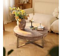 Table basse ronde en bois massif avec pieds en métal doré en forme de croix en métal, design rustique moderne du milieu du siècle, 82 x 82 x 33,5 cm (l x L x H)