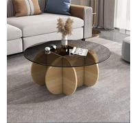 Table basse ronde en bois massif avec plateau en verre trempé pour décoration de salon ou de terrasse