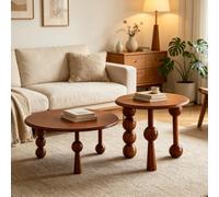 Table basse ronde en caoutchouc massif,table d'appoint style rétro français | Table basse bois massif écologique, structure tenon-mortaise stable, bords arrondis sécurisés(Cherry)