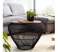 Table basse ronde en métal et bois massif - WOHNLING - Noir - Design contemporain - Espace de rangement
