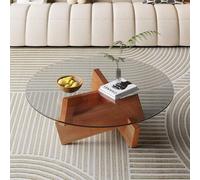 Table basse ronde en verre avec base en bois croisée, tables d'appoint modernes en verre trempé, petite table à thé pour salon et chambre à coucher, table de salon, table de canapé (transparent, 80 x