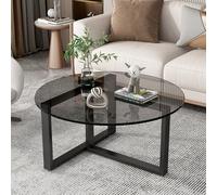 Table basse ronde en verre - Bureau en verre trempé, pieds en fer forgé, design sûr et stable