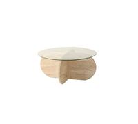 Toilinux - Table basse ronde en verre et effet travertin - Beige