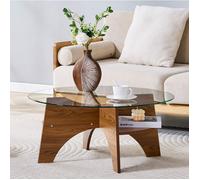 Table basse ronde en verre sécurit Ø 80 cm - TCQPZ - plateau transparent, MDF aspect noyer, 80 × 80 × 36 cm