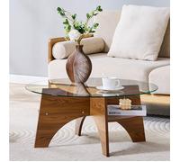 Table basse ronde en verre sécurit - ELVMI - Design moderne - MDF aspect noyer - Transparent Ø 80 × H 36 cm