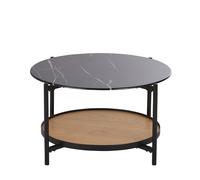 Table basse ronde en verre trempé imprimé imitation marbre et métal noir D75 74.5x40x74.5cm Beige