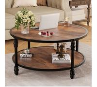 Table Basse Ronde - Étagère Ouverte, Table 2 Niveaux Style Industriel pour Salon, Chambre, Bureau, Style Moderne,72 X72 X48CM