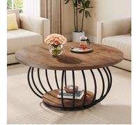 Table basse ronde - LITTLE TREE - 100x100x46 cm - Chêne - Bois massif & pieds métal - 2 niveaux avec rangement