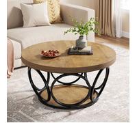 Table basse ronde - LITTLE TREE - 80×80×43 cm - Style campagnard - Rangement 2 niveaux - Bois massif