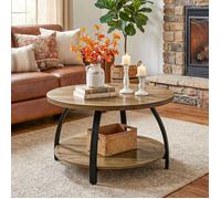 Table basse ronde - LITTLE TREE - Table d'appoint industrielle 2 niveaux - Ø80×50 cm - Bois massif - Pieds métal