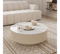 Table basse ronde moderne avec plateau en dalle de roche et verre trempé, comprend 2 tiroirs pour salon et appartement