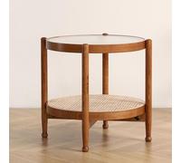 Table basse ronde moderne du milieu du siècle en bois de noyer avec étagère de rangement en rotin à 2 niveaux pour salon et chambre à coucher, 55 x 55 x 55 cm, élégante et fonctionnelle