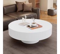 Table basse ronde moderne en bois cannelé avec piédestal robuste, placage fabriqué à la main, table à thé en relief pour salon, petit espace, bureau, appartement - Blanc