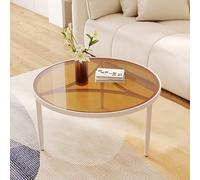 Table basse ronde moderne en verre avec cadre en métal en forme d'anneau, petite table basse pour salon, chambre, balcon, maison et bureau (couleur : pieds de table blanc+marron, taille : 80 x 45 cm)