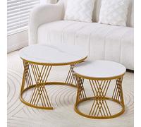 Table Basse Ronde Moderne Gigogne, Table Basse de Salon, Dalles de Roche en Céramique, Cadre en Métal pour Chambre À Coucher, Salle À Manger-Facile À Assembler(Gold-D)
