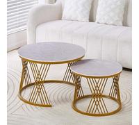 Table Basse Ronde Moderne Gigogne, Table Basse de Salon, Dalles de Roche en Céramique, Cadre en Métal pour Chambre À Coucher, Salle À Manger-Facile À Assembler(Gold-E)