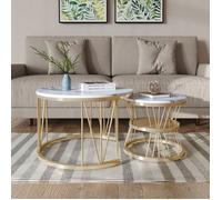 Table basse - Ronde nesting - Plateau marbre blanc imitation - Support métal doré - Double plateau gigogne