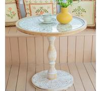 Table Basse Ronde Rétro Sculptée Française Avec Plateau En Verre Trempé Et Pieds En Colonne Romaine,Style Médiéval Moderne En Bois Pour Salon Balcons Espaces De Loisirs(44.5*61.5cm/17.5*24.2in)