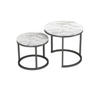 Table Basse Ronde Set de 2, Table Rond eavec Cadre Noir, Table Basse Blanche Moderne, Table de Salon avec marbre Blanc, Table Gigogne Ronde