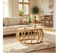 Table Basse Ronde-Table Basse Bois Massif - Table Centrale avec Base Incurvée pour Salon-Chambre-Style Ferme-Naturel