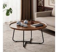 Table basse ronde, table basse circulaire gigogne avec design cannelé pour salon, chambre, bureau, balcon, cour, bois, 80 cm