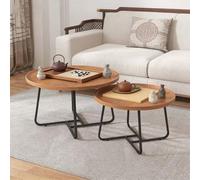 Table basse ronde, table basse circulaire gigogne avec design cannelé pour salon, chambre, bureau, balcon, cour, bois, 80 cm