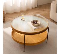 Table basse ronde, table de salon circulaire à deux niveaux avec espace de rangement, table basse avec structure en bois et plateau en verre trempé, idéale comme table basse spacieuse pour le salon.