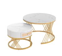 Table basse ronde Table gigogne Table de salon avec Plateau Marbre et Tiroirs en Rotin Synthétique, Poignées en Bois Massif, Blanc | Aosom France