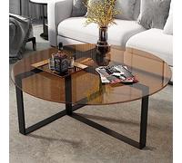Table Basse Ronde, Tables Basses Cercle Tables Modernes Minimalistes en Verre Trempé Teinté Marron/Gris avec Pied Noir Mat, Grande Table Centrale Basse Claire pour Salon ( Couleur : Marron-Couche Simp