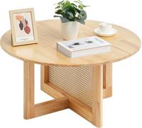 VEVOR Table Basse Ronde 85 cm, Table de Salon en Rotin Tressé, avec Plateau en Bois d'Hévéa, Meuble de Rangement Bohème Moderne de 85 cm, avec Pieds en Bois Naturel, pour Chambre et Petits Espaces