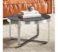 Table Basse Ronde - WOHNLING - 60x60x34 cm - Verre Noir - Métal Argent - Design Moderne