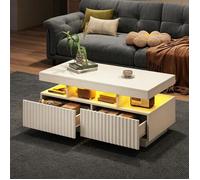 Table Basse Salon 100 x 50 x 45 cm avec Deux tiroirs Rayures Verticales thermoformée avec Bande Lumineuse LED blanc