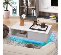 CostwayTable Basse Contemporain avec lumières LED 20 Couleurs 95x55x31 CM Table de Salon avec Grand Tiroir et Compartiment Blanc
