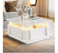 Table Basse salon design LED, finition brillante, 2 tiroirs, cloison acrylique transparente, taille 70x70x35 cm-Blanc b TABLE BASSE