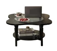 Table Basse Salon Moderne Design Forme de Trèfle À Quatre Feuilles Chêne Coffee Rangement Deux Niveaux Plateau en Verre Amovible Pieds Bois Massif Tables Salons pour, Bureau(Black)