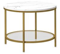 Table basse salon plateau effet marbre étagère en verre trempé blanc