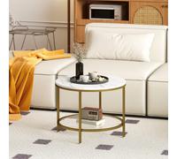 HOMCOM Table Basse Salon Ronde, Table d'appoint Moderne à 2 Niveaux avec Plateau Effet marbre et étagère en Verre trempé, Bout de canapé pour Salon, Chambre, Ø 60 x 45 cm, Blanc et doré