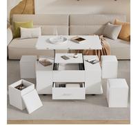 Table basse salon relevable avec tiroirs et 4 tabourets, Table de salon 4 en 1 transformable en table à manger de salon, Blanc