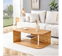 Table Basse Scandinave 100x60x42 cm-Bois Naturel+Étagère Verre Trempé-Rangement Double-Structure MDF Hydrofuge - pour Salon Moderne