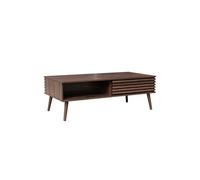 | Table basse scandinave avec portes coulissantes décor bois noyer rainuré et niches de rangement